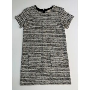 LOFT Outlet Petite SP Tweed Knit Shift Dress Gray Black Short Sleeve Pockets